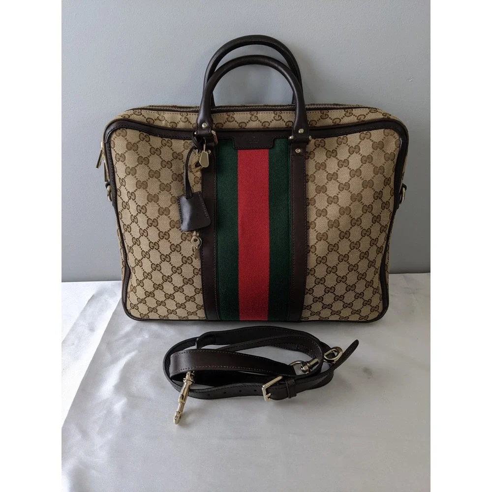 Gucci GG Canvas Web Stripe Briefcase Brown Leather Laptop Bag 246432 COA